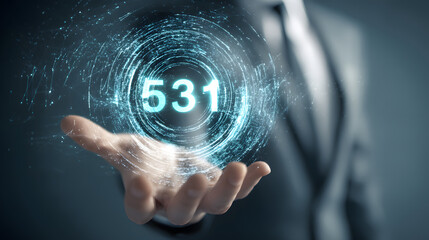 A businessman in a suit holds a glowing digital number 531 in his palm, symbolizing data visualization and technology.