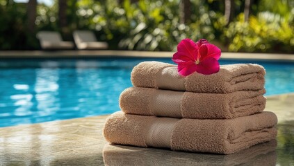 Luxurious Spa Day, Stacked Towels with Hibiscus Flower by Pool