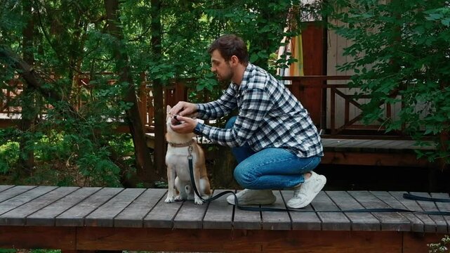 young man in plaid shirt playing training petting hugging and kissing his dog during summer park walk happy loving companionship concept lifestyle	