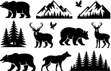 Naklejka premium Wilderness Bound Bear & Mountain Silhouette vector
