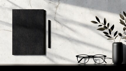 Black notebook pen eyeglasses and plant on a marble surface Sunlight casts shadows