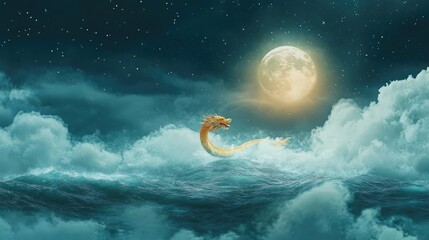 Golden dragon glides across a moonlit sea of clouds.