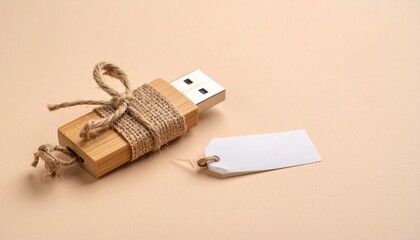 High-resolution product photo of a wooden USB drive made of bamboo, small blank burlap label attached with twine, pastel peach background
