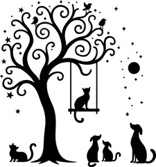 Whimsical Cat Silhouettes on Tree with Swing and Moon vector