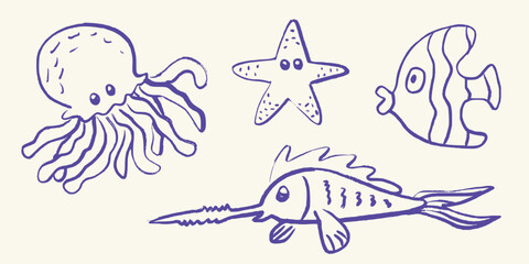 Cute Sea Creatures Doodle Vector art illustration isolated transparent background