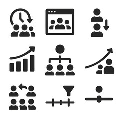 Cohort Analysis Icons. Solid style icons of cohort analysis: time-based group, signup cohort, behavior cohort icon, retention