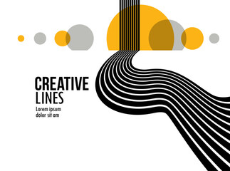 Linear composition vector road to horizon, abstract background with lines in 3D perspective, optical illusion op art, black and yellow colors.