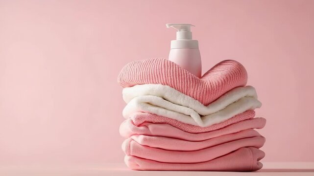 A bunch of pink and white towels is folded on each other. The washing gel is placed in the middle of the towels, creating the shape of the heart. Washing children's clothing, washing for children's cl