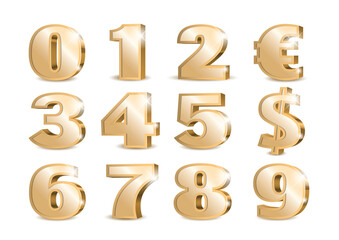 Gold 3d numbers. Symbol set. Vector illustration
