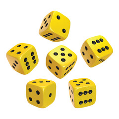 Yellow photorealistic 3d cube for games. Dice icon in flight closeup isolated on white background. Vector illustration.