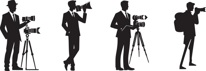 Black and White Vector Silhouettes of Professional Photographers with Cameras Tripods and Backpacks Ideal for Media Logos Photography Projects and Creative Visual Concepts for world photography day