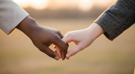 Interracial Couple Holding Hands with Soft Golden Sunset