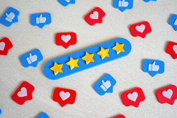 A five-star bar among social media likes. Social validation, high ratings, or quality recognition. Customer review metrics in digital marketing.