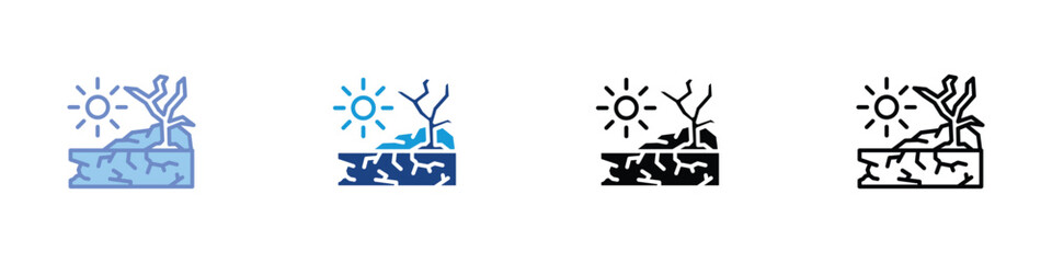Drought and Dry Land Icon Set - Sun, Cracked Earth, and Dead Tree Symbols in Color, Flat, and Outline Styles for Web and App Design