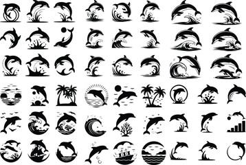 Jumping Dolphin Vector Silhouette – Marine Animal Icons Collection Dolphin Jumping Silhouette Set – Ocean Wildlife Icon Pack
