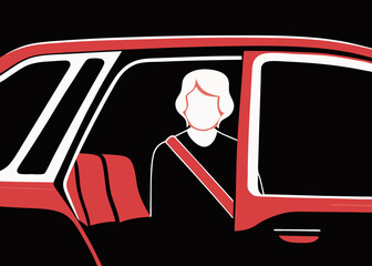 Woman seated in car, safety, transportation, simple style, red and black colors, for safety campaigns