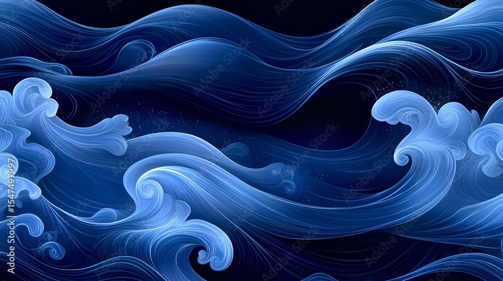 Poster swirling ocean waves in deep blue tones create dynamic flowing pattern with curling foam crests. abs