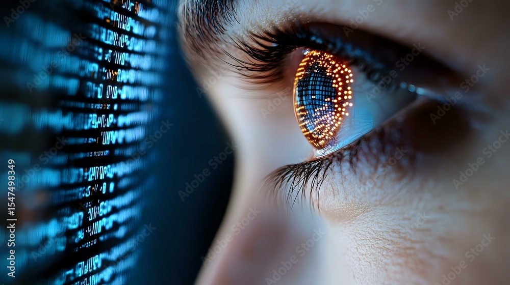 Poster digital binary code reflected in close-up eye with orange and blue glow, representing artificial int