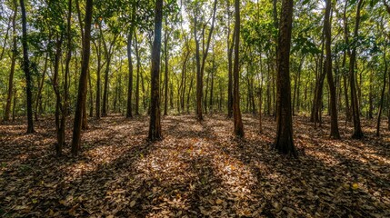 Fototapeta premium Sunlight dappled forest floor, autumn leaves, tall trees