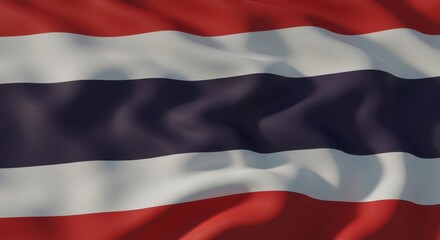 Close-up shot of the national flag of Thailand, waving in the wind, detailed fabric texture, sunlight softly reflecting on the folds, cinematic lighting, shallow depth of field, realistic wind movemen