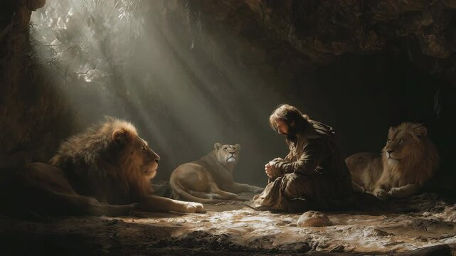 A serene cave scene illuminated by soft light, featuring Daniel in prayer surrounded by lions, evoking themes of faith and companionship. From the Book of Daniel in the Bible.