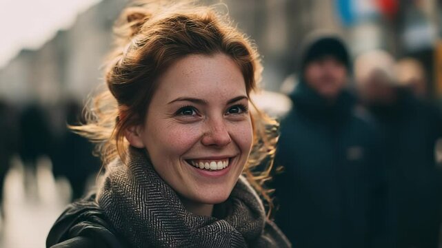 A captivating moment unfolds as a young woman beams with happiness amidst a bustling street celebration.
