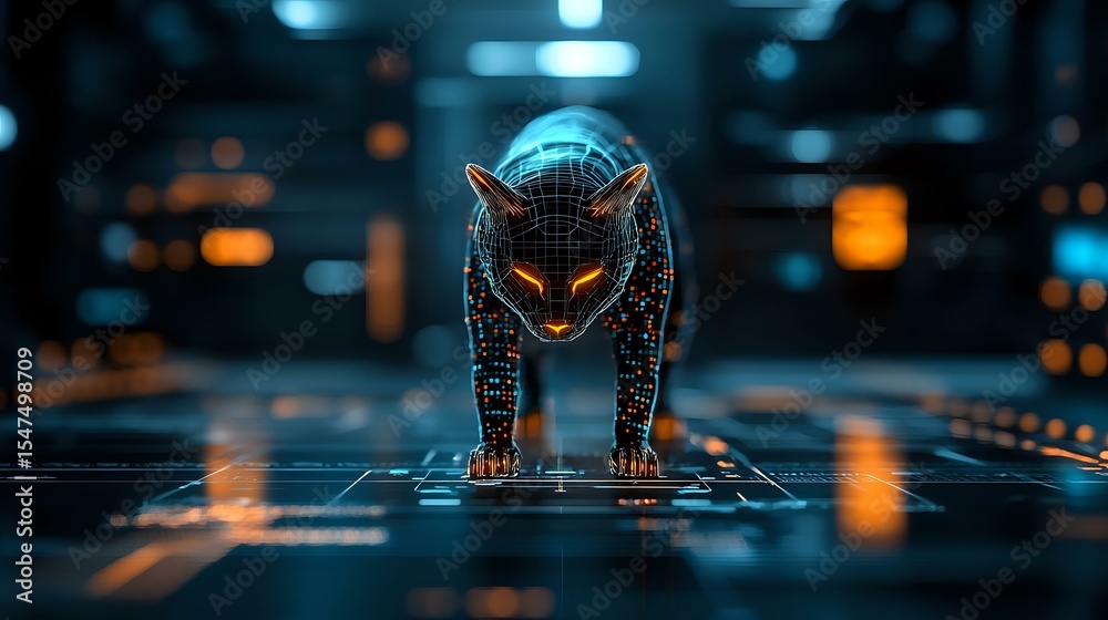 Poster futuristic digital cat with glowing circuit patterns stands on illuminated grid surface against dark