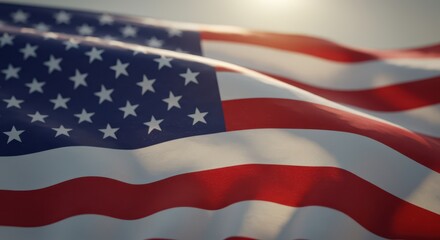 Close-up of the American flag blowing in the wind, high-detail stars and stripes, sun rays reflecting off textured fabric, depth of field, cinematic look, ultra-realistic.