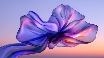 Obraz premium Flowing silk fabric in purple and blue hues against sunset sky background creates ethereal floating effect with gentle folds and smooth curves.
