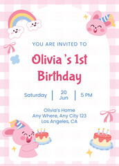 Cute pink rabbit birthday cake hand drawn invitation template. Perfect for design, projects, greeting card