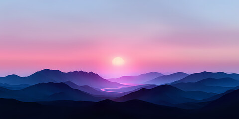 Obraz premium Tranquil mountain landscape at sunrise with layered peaks silhouetted against pink and purple sky, creating atmospheric depth and peaceful natural scenery.