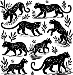 Tiger Vector Stylized Leopard Silhouettes with Foliage Design 