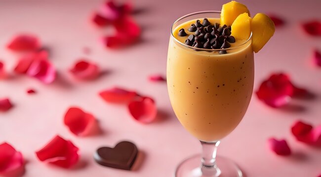 Creamy chocolate mousse dessert in elegant glass topped with chocolate chips and orange garnish, surrounded by red rose petals and heart shape on pink background. - Powered by Adobe