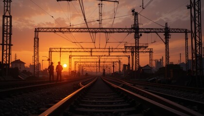 Fototapeta premium Sunset Silhouette of Railway Workers