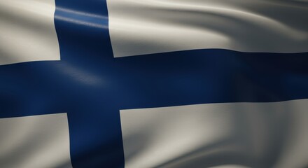 Obraz premium Close-up shot of the national flag of Finland, waving in the wind, detailed fabric texture, sunlight softly reflecting on the folds, cinematic lighting, shallow depth of field, realistic wind movement