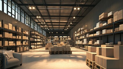 Large interior warehouse with goods, package delivery distribution center