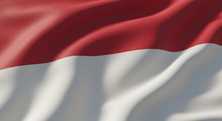 Obraz premium Close-up shot of the national flag of Indonesia, waving in the wind, detailed fabric texture, sunlight softly reflecting on the folds, cinematic lighting, shallow depth of field, realistic wind moveme