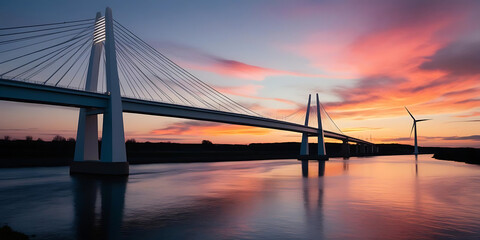 Obraz premium Cable-Stayed Bridge at Sunset with Reflection and Wind Turbine