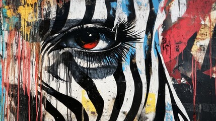 Zebra face with human eye and colorful abstract background in an artistic style.