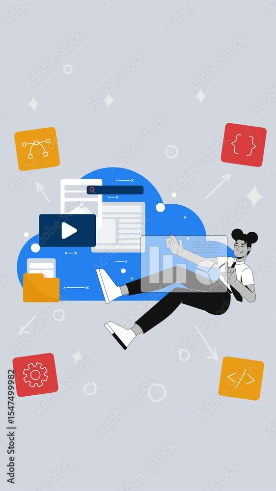 Poster cloud-based development with devops tools 2d vertical animation. black woman web developer managing 