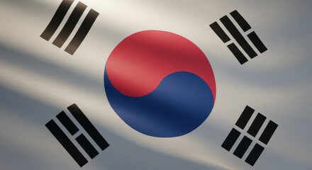 Close-up shot of the national flag of Korea, South, waving in the wind, detailed fabric texture, sunlight softly reflecting on the folds, cinematic lighting, shallow depth of field, realistic wind mov