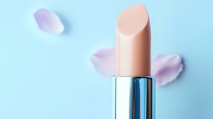 Nude beige lipstick with scattered pink rose petals on soft blue background, minimalist cosmetic product photography for beauty and makeup advertising.