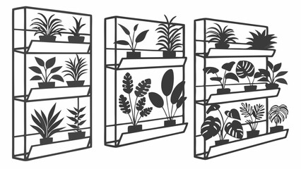 Set of three vertical wall garden planters with diverse potted plants silhouette vector illustration for modern home interior design decor element