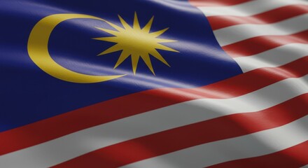 Close-up shot of the national flag of Malaysia, waving in the wind, detailed fabric texture, sunlight softly reflecting on the folds, cinematic lighting, shallow depth of field, realistic wind movemen