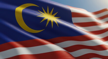 Close-up shot of the national flag of Malaysia, waving in the wind, detailed fabric texture, sunlight softly reflecting on the folds, cinematic lighting, shallow depth of field, realistic wind movemen