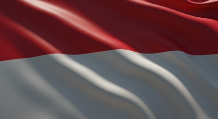 Close-up shot of the national flag of Monaco, waving in the wind, detailed fabric texture, sunlight softly reflecting on the folds, cinematic lighting, shallow depth of field, realistic wind movement,