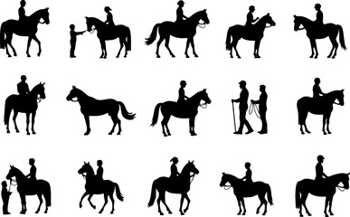 Fototapeta premium Silhouettes of Horse Riders and Horses vector bundle
