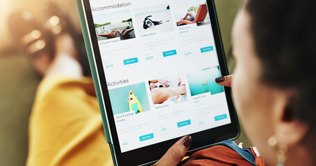 Woman, hands and sofa with tablet screen for holiday, accommodation or travel website at home....