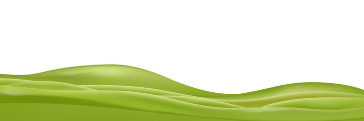 3d realistic cartoon green hills isolated on transparent background. Summer wide landscape design element with green grass. Minimal nature green composition with green fileds. Vector illustration.