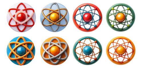 Colorful Atomic Icons Representing Science and Technology Concepts, Isolated on Transparent, white background